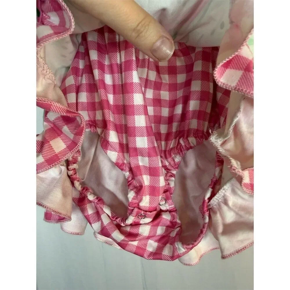 Baby Girl Watermelon Print Romper Dress Pink Gingham Ruffles Tie Straps
